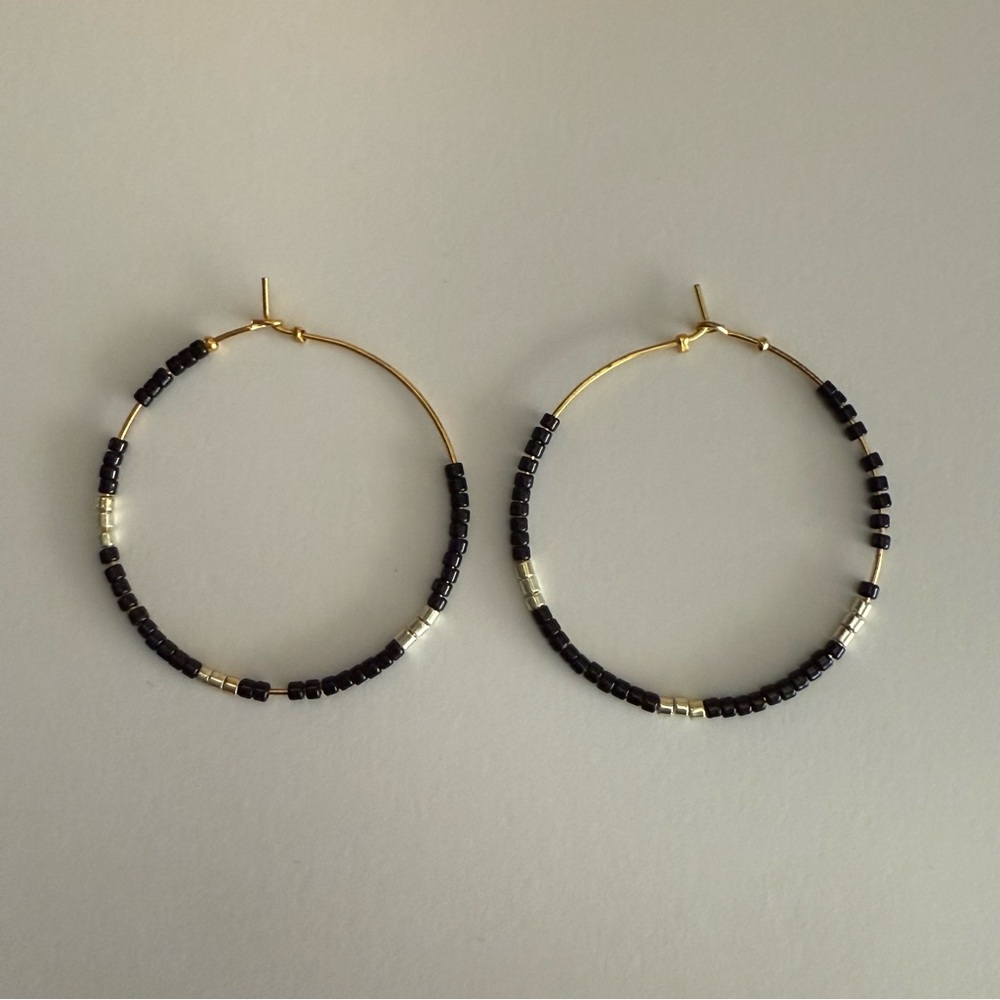 Bohemian Beaded Neutral Black Gold Tone Hoop Earrings - Picture 2 of 2